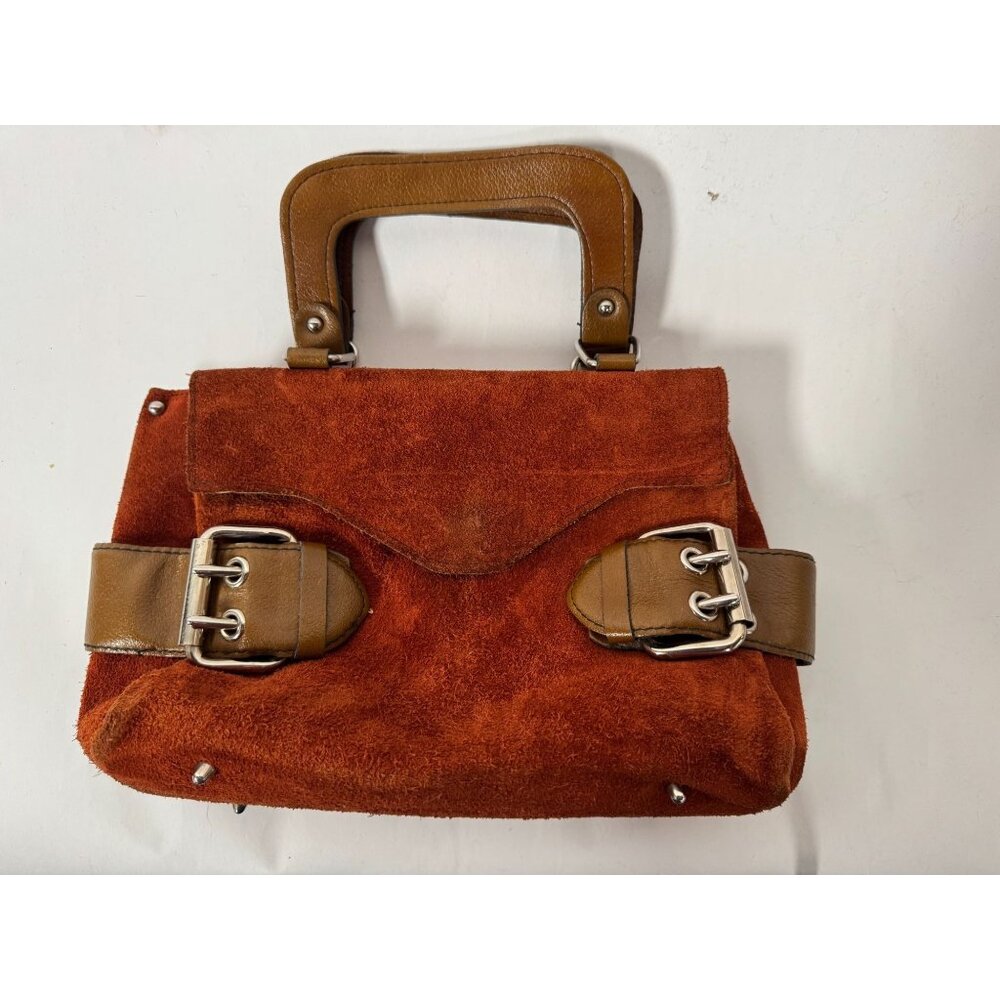 Vintage Rust Suede Handbag With Brown Leather Handles & Buckle Accents